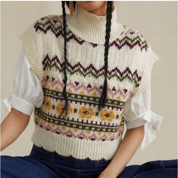 Anthropologie Turtleneck Sweater Vest Sz L Scallop Cottagecore Prairie Twee Boho - Picture 1 of 10